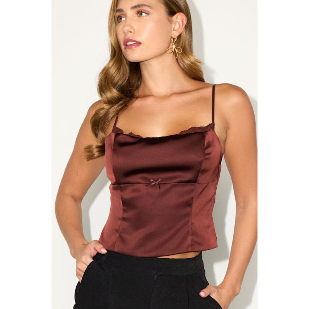 Lulus Brooksie Brown Satin Lace Bow Tank Top - Size XS